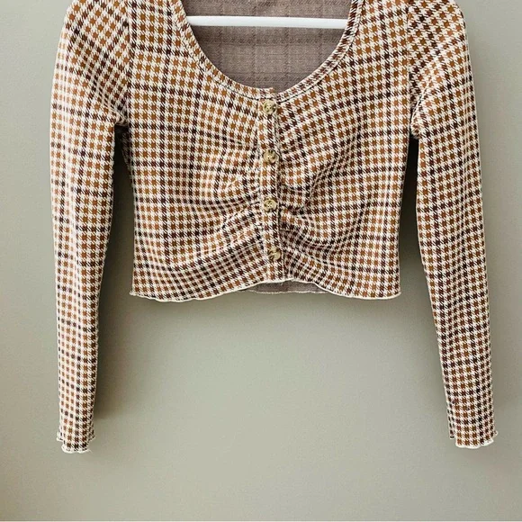 Altar'd State Button Up Crop Long Sleeve Top Brown/Cream Sz Small - Picture 3 of 10
